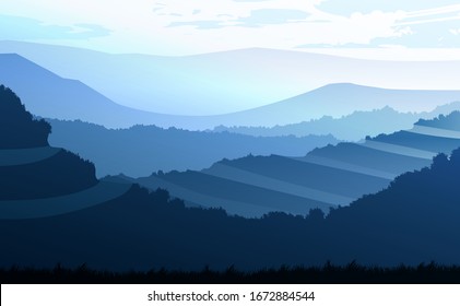 Natural forest mountains horizon hills silhouettes of trees. Evening Sunrise and sunset. Landscape wallpaper. Illustration vector style. Colorful view background.