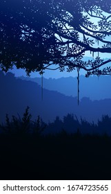 Natural forest mountains horizon hills silhouettes of trees. Evening Sunrise and sunset. Landscape wallpaper. Illustration vector style. Colorful view background.