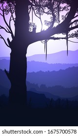 Natural forest mountains horizon hills silhouettes of trees. Evening Sunrise and sunset. Landscape wallpaper. Illustration vector style. Colorful view background.