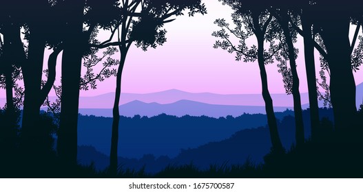 Natural forest mountains horizon hills silhouettes of trees. Evening Sunrise and sunset. Landscape wallpaper. Illustration vector style. Colorful view background.