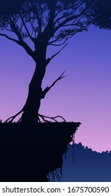 Natural forest mountains horizon hills silhouettes of trees. Evening Sunrise and sunset. Landscape wallpaper. Illustration vector style. Colorful view background.