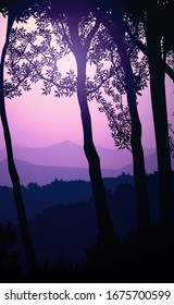 Natural forest mountains horizon hills silhouettes of trees. Evening Sunrise and sunset. Landscape wallpaper. Illustration vector style. Colorful view background.