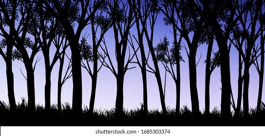 Natural forest mountains horizon hills silhouettes of trees. Evening Sunrise and sunset. Landscape wallpaper. Illustration vector style. Colorful view background.