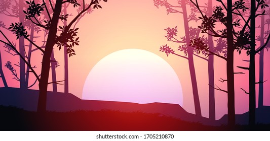 Natural forest mountains horizon hills silhouettes of trees. Evening Sunrise and sunset. Landscape wallpaper. Illustration vector style. Colorful view background.