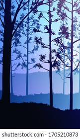 Natural forest mountains horizon hills silhouettes of trees. Evening Sunrise and sunset. Landscape wallpaper. Illustration vector style. Colorful view background.