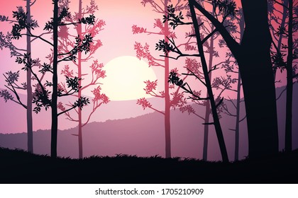 Natural forest mountains horizon hills silhouettes of trees. Evening Sunrise and sunset. Landscape wallpaper. Illustration vector style. Colorful view background.