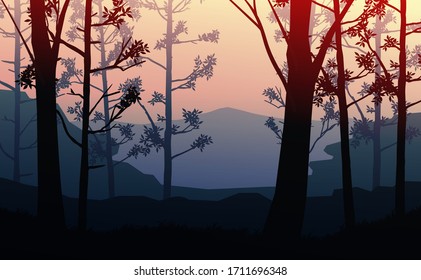 Natural forest mountains horizon hills silhouettes of trees. Sunrise and sunset. Landscape wallpaper. Illustration vector style. Colorful view background.