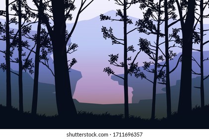 Natural forest mountains horizon hills silhouettes of trees. Sunrise and sunset. Landscape wallpaper. Illustration vector style. Colorful view background.