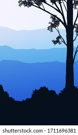 Natural forest mountains horizon hills silhouettes of trees. Sunrise and sunset. Landscape wallpaper. Illustration vector style. Colorful view background.