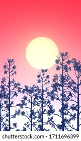 Natural forest mountains horizon hills silhouettes of trees. Sunrise and sunset. Landscape wallpaper. Illustration vector style. Colorful view background.