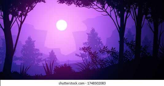Natural forest mountains horizon hills silhouettes of trees. Evening Sunrise and sunset. Landscape wallpaper. Illustration vector style. Colorful view background.