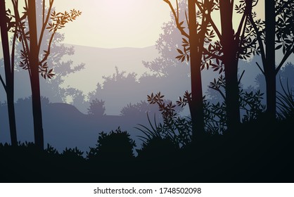 Natural forest mountains horizon hills silhouettes of trees. Evening Sunrise and sunset. Landscape wallpaper. Illustration vector style. Colorful view background.