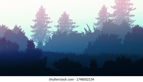 Natural forest mountains horizon hills silhouettes of trees. Evening Sunrise and sunset. Landscape wallpaper. Illustration vector style. Colorful view background.