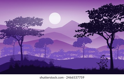 Natural forest mountains horizon hills silhouettes of trees. Evening Sunrise and sunset. Landscape wallpaper. Illustration vector style. Colorful view background.