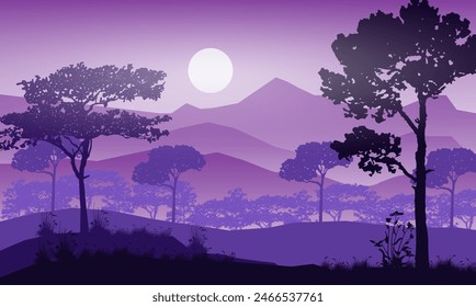 Natural forest mountains horizon hills silhouettes of trees. Evening Sunrise and sunset. Landscape wallpaper. Illustration vector style. Colorful view background.