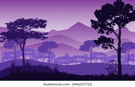 Bosque natural montañas horizonte colinas siluetas de árboles. Amanecer y atardecer. Fondo de pantalla paisajístico. Ilustración estilo Vector. Colorido fondo de la vista.