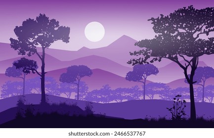 Natural forest mountains horizon hills silhouettes of trees. Evening Sunrise and sunset. Landscape wallpaper. Illustration vector style. Colorful view background.