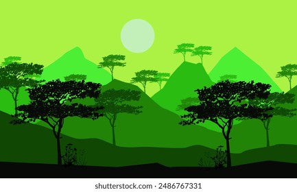 Natural forest mountains horizon hills silhouettes of trees. Evening Sunrise and sunset. Landscape wallpaper. Illustration vector style. Colorful view background.