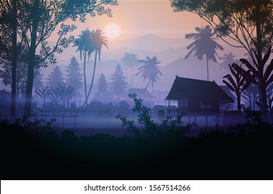 Natural forest mountains horizon Landscape wallpaper Hut in the fields Sunrise and sunset Illustration vector style colorful view background