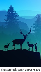 Natural forest mountains horizon trees Landscape wallpaper Sunrise and sunset Herd of deer Illustration vector style Colorful view background

