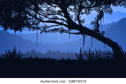 Natural forest trees mountains horizon hills Sunrise and sunset Landscape wallpaper Illustration vector style Colorful view background