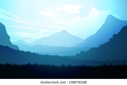 Natural forest trees mountains horizon hills Sunrise and sunset Landscape wallpaper Illustration vector style Colorful view background