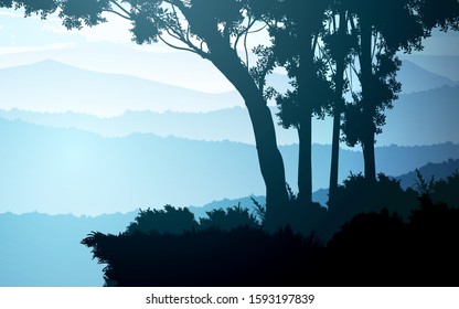 Natural forest trees mountains horizon hills and the route Sunrise and sunset Landscape wallpaper Illustration vector style Colorful view background
