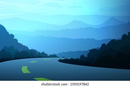 Natural forest trees mountains horizon hills and the route Sunrise and sunset Landscape wallpaper Illustration vector style Colorful view background