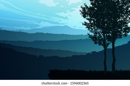 Natural forest trees mountains horizon hills and the route Sunrise and sunset Landscape wallpaper Illustration vector style Colorful view background