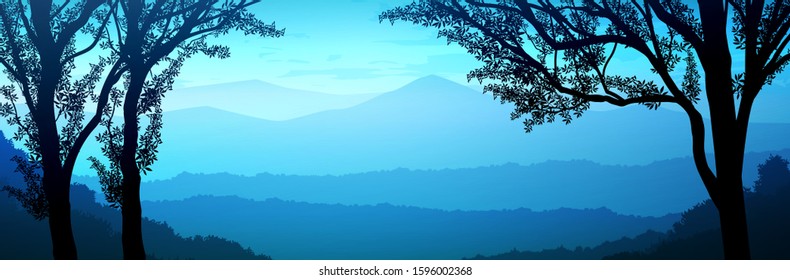 Natural forest trees mountains horizon hills and the route Sunrise and sunset Landscape wallpaper Illustration vector style Colorful view background