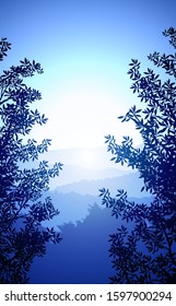 Natural forest trees mountains horizon hills silhouettes of trees and hills in the evening Sunrise and sunset Landscape wallpaper Illustration vector style Colorful view background