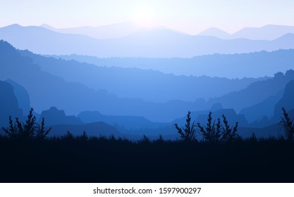 Natural forest trees mountains horizon hills silhouettes of trees and hills in the evening Sunrise and sunset Landscape wallpaper Illustration vector style Colorful view background