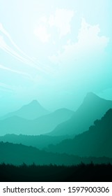 Natural forest trees mountains horizon hills silhouettes of trees and hills in the evening Sunrise and sunset Landscape wallpaper Illustration vector style Colorful view background
