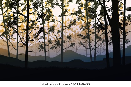 Natural forest trees mountains horizon hills silhouettes of trees and hills in the evening Sunrise and sunset Landscape wallpaper Illustration vector style Colorful view background