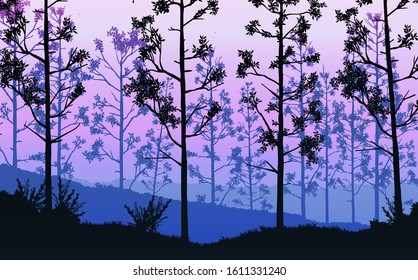 Natural forest trees mountains horizon hills silhouettes of trees and hills in the evening Sunrise and sunset Landscape wallpaper Illustration vector style Colorful view background