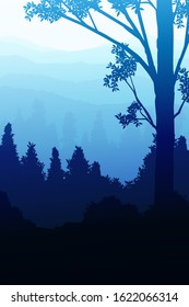 Natural forest trees mountains horizon hills silhouettes of trees and hills in the evening Sunrise and sunset Landscape wallpaper Illustration vector style Colorful view background