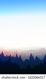 Natural forest trees mountains horizon hills silhouettes of trees and hills in the evening Sunrise and sunset Landscape wallpaper Illustration vector style Colorful view background