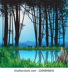 Ilustración vectorial de los bosques naturales y el paisaje hídrico.