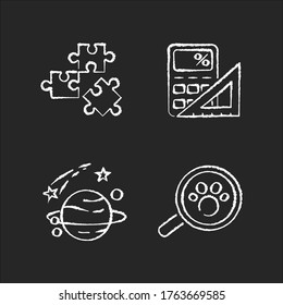 Natural and formal sciences chalk white icons set on black background. Different scientific fields of study. Logic, mathematics, astronomy and zoology. Isolated vector chalkboard illustrations