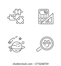 Natural and formal sciences pixel perfect linear icons set. Customizable thin line contour symbols. Logic, mathematics, astronomy and zoology. Isolated vector outline illustrations. Editable stroke