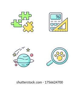 Natural and formal sciences RGB color icons set. Different scientific fields of study. Logic, mathematics, astronomy and zoology. Isolated vector illustrations