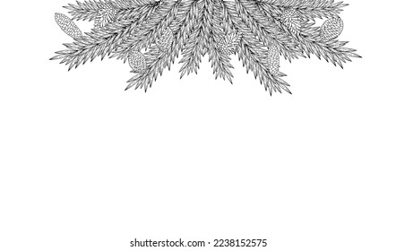 Natural frame, background of Christmas tree branches. Contour hand drawing. For greetings, invitations, postcards