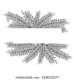 Natural frame, background of Christmas tree branches. Contour hand drawing. For greetings, invitations, postcards