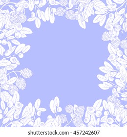 Natural frame of branches of raspberry and blueberry with berries on a blue background. Sprigs drawn by hand in blue outline and painted white. Vector illustration