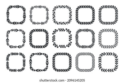 Juego de siluetas negras para el ganador de la hoja de marco natural. Éxito en el premio a patrón de planta. Tatuaje de insignia vintage heráldica. Logo de la tarjeta de invitación del verano de primavera. Logro de forma cuadrada aislado en blanco