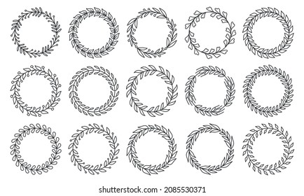 Natural frame leafy object winner black line set. Plant pattern award success. Heraldic vintage badge frame tattoo. Spring summer invitation card logo. Circular shape achievement isolated on white