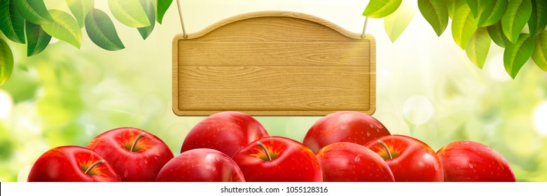 Natural fresh apple background, delicious fruits with blank wood plate isolated on bokeh green background, 3d illustration