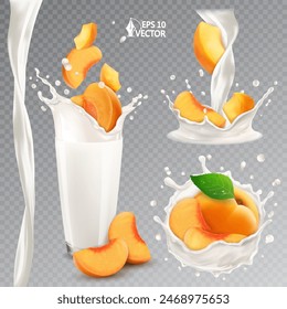 Natural fresh apricots vector set. Ripe pieces of fruit falling into realistic splashes of milk or yogurt. 3D food illustration for advertising and packaging design