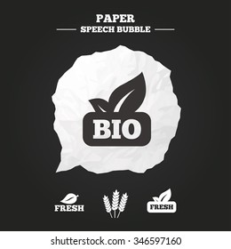 Natural fresh Bio food icons. Gluten free agricultural sign symbol. Paper speech bubble with icon.