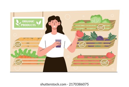 Natural fresh food. Woman at market buys vegetables, chooses tomatoes and greens. Girl buys salad products in market or grocery store. Healthy food, vegetarian diet. Cartoon flat vector illustration